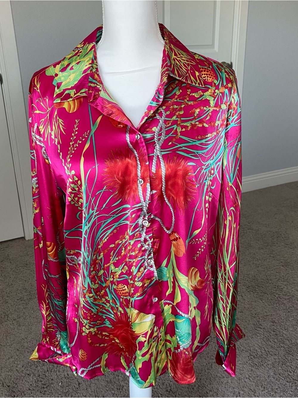 Vibrant Fuchsia Floral Satin Button-Up Blouse